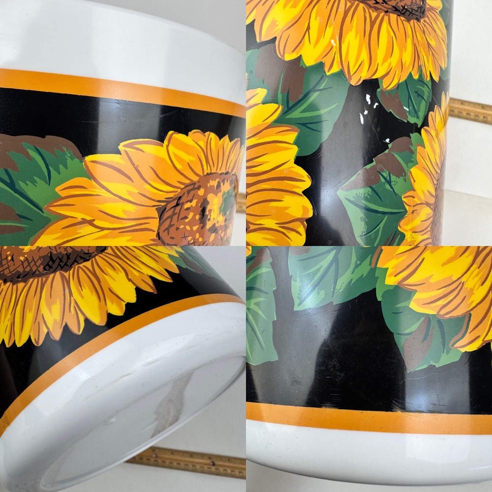 Rare Vtg Plastic Round Sunflower Garbage Can Bathroom Bedroom Grunge White Black - Picture 6 of 10